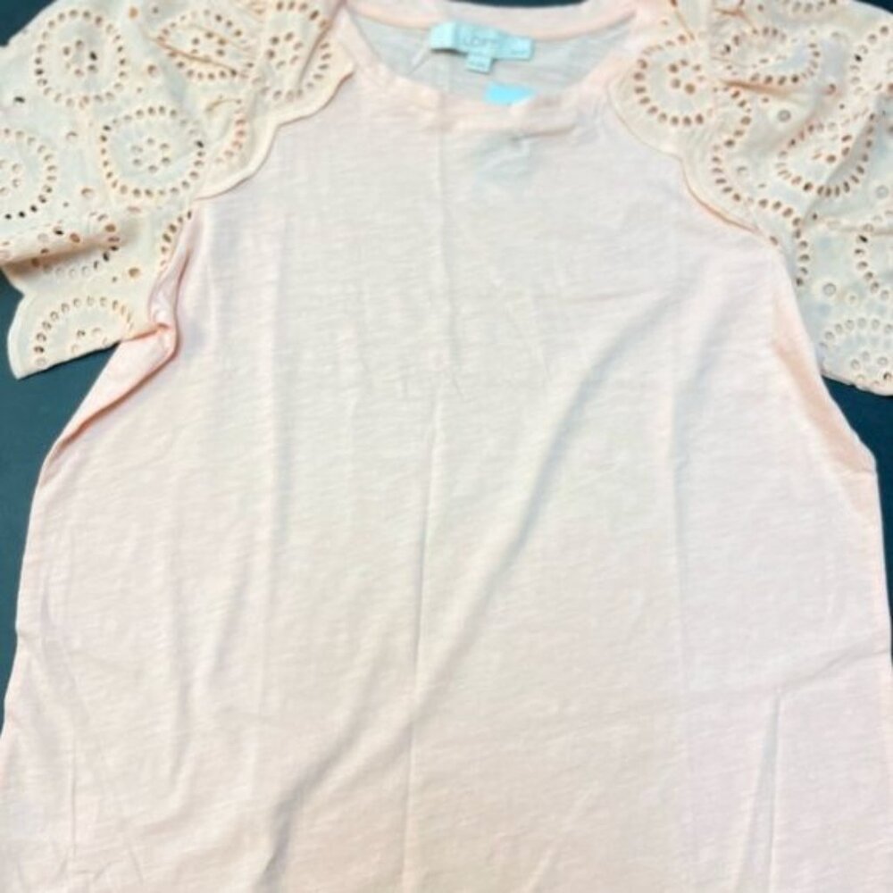 WOMEN LOFT Petite Eyelet Flutter Sleeve Tee LARGE 100%Cotton - Picture 7 of 7